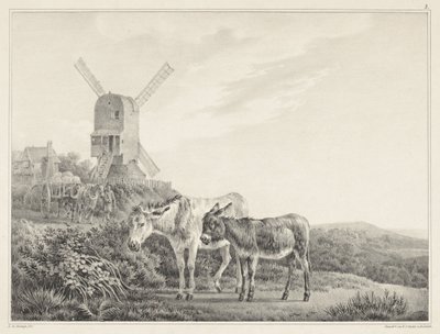 Dos burros en un paisaje cerca de un molino. Seis dibujos en piedra de L. de Koningh (título de la serie) de Leendert de Koningh