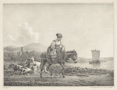 mujer, en, burro, en, paisaje Seis dibujos en piedra de L. de Koningh (título de la serie) de Leendert de Koningh