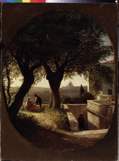 Cerca de Roma (Italia) (Cerca de Roma). Una mujer sentada bajo los árboles con un bebé en brazos escucha a un hombre con sombrero y capa. Otro hombre se les acerca desde las escaleras. Pintura de Lev Felixovich Lagorio (1827-1905), de Lef Feliksovich Lagorio