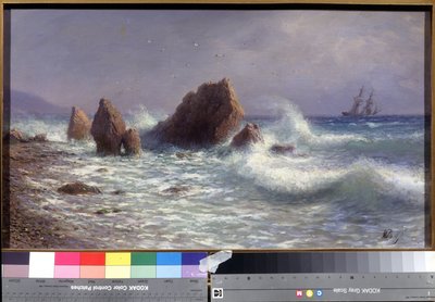En la costa de Livadia (en el Golfo de Crimea, Ucrania) (En la costa de Livadia). Seascape, con un velero en la distancia y las olas del Mar Negro rompiendo en los arrecifes. Pintura de Lev Felixovich Lagorio (1827-1905), óleo sobre lienzo de Lef Feliksovich Lagorio