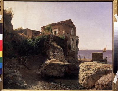 En la isla de Capri (Italia) Casa de pescadores. (En la Isla de Capri, Casa del Pescador). Con descripción de barco de pesca en el mar y el tradicional pantalán para atracar. Pintura de Lev Felixovich Lagorio (1827-1905), óleo sobre lienzo de Lef Feliksovich Lagorio