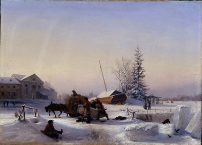 Transporte de hielo, Vista invernal de la antigua villa vinícola en la isla Vasily en San Petersburgo. Cortar y transportar bloques de hielo en un enganche de Lef Feliksovich Lagorio