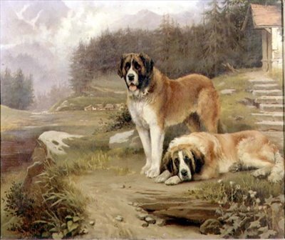 Dos San Bernardos en un paisaje alpino de Leghe Suthers