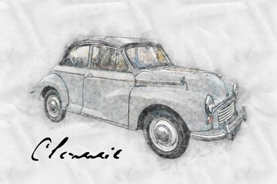 Dibujo de un coche clásico de Lembayung senja studio [Vintage Poster]