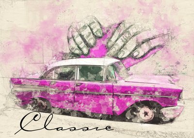 El coche de ensueño rosa clásico de Lembayung senja studio [Vintage Poster]