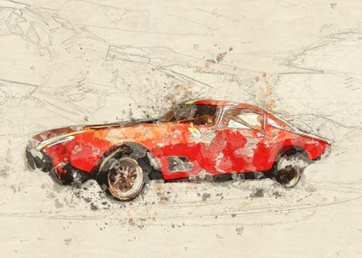 Boceto de un coche rojo clásico de Lembayung senja studio [Vintage Poster]