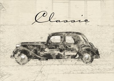 Dibujo de un coche clásico de época de Lembayung senja studio [Vintage Poster]