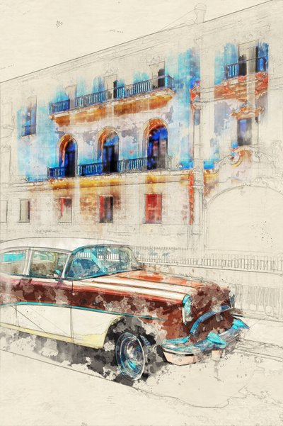 Boceto de un coche clásico de La Habana de Lembayung senja studio [Vintage Poster]