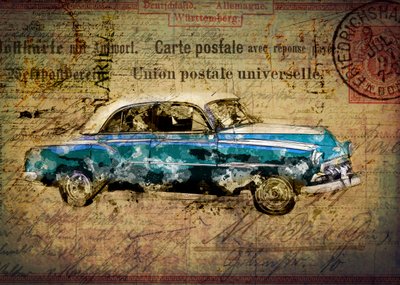 Postal de un coche azul de estilo retro de Lembayung senja studio [Vintage Poster]