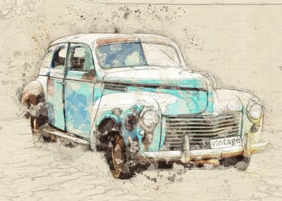 Coche clásico azul rústico de Lembayung senja studio [Vintage Poster]