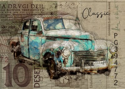 Coche clásico de color verde azulado oxidado de Lembayung senja studio [Vintage Poster]