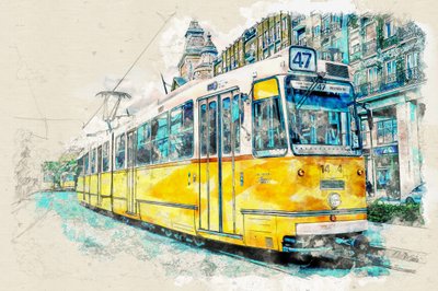 Acuarela de un tranvía urbano de Lembayung senja studio [Vintage Poster]