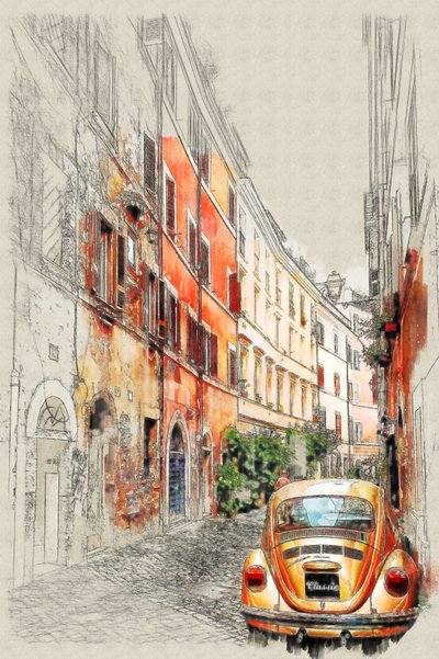 Boceto de la ciudad de los coches antiguos de Lembayung senja studio [Vintage Poster]