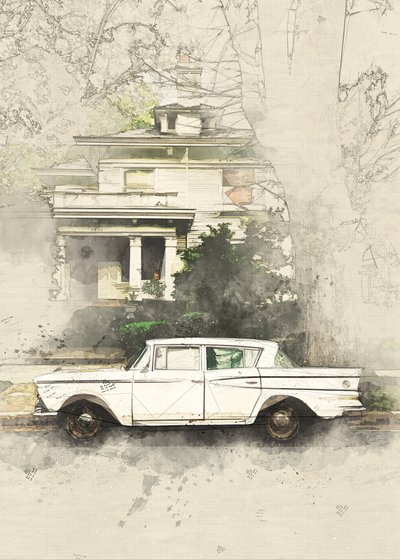 Boceto de un coche clásico y una casa antigua de Lembayung senja studio [Vintage Poster]