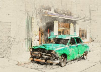 Boceto de un coche verde de época de Lembayung senja studio [Vintage Poster]