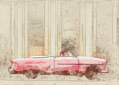 Boceto de un descapotable rosa vintage de Lembayung senja studio [Vintage Poster]