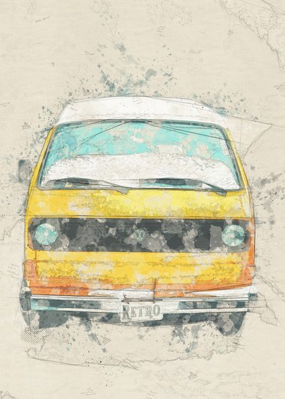 Furgoneta camper retro amarilla de Lembayung senja studio [Vintage Poster]