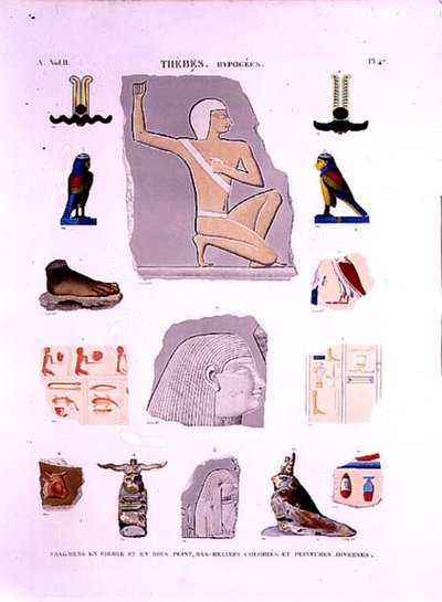 Ilustraciones de relieves pintados en fragmentos de piedra y madera Hipogeos, Tebas lámina 47 de Vol II de 