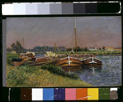 Barcazas sobre el Marne en Lagny (óleo sobre madera) de Leo Gausson