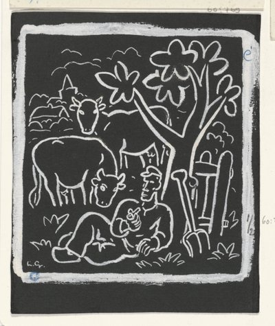Granjero descansando bajo un árbol en un prado con vacas de Leo Gestel (signed by artist)