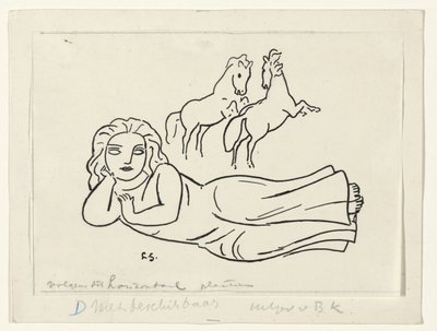 Mujer reclinada con dos caballos de Leo Gestel (signed by artist)