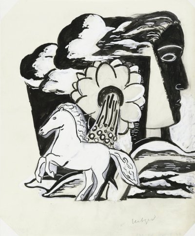 Caballo rampante, flor y cabeza (boceto) de Leo Gestel (signed by artist)