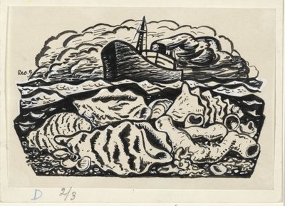 Barco de vapor en el mar con conchas en la playa de Leo Gestel (signed by artist)