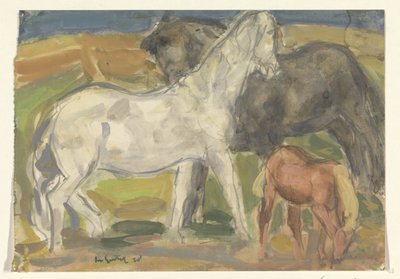 Dos caballos y un potro en un paisaje de Leo Gestel (signed by artist)