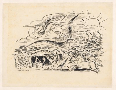 Dos pájaros vuelan sobre un paisaje con ganado de Leo Gestel (signed by artist)
