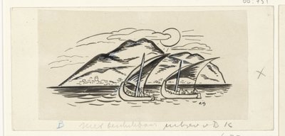 Dos veleros frente a una isla con montañas de Leo Gestel (signed by artist)