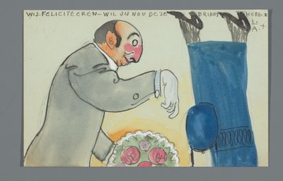 Postkarte mit einer Zeichnung des Unterkörpers von An Overtoom und Oberkörpers von Leo Gestel mit Blumenstrauß de Leo Gestel