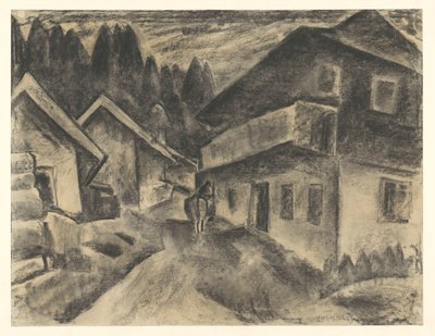 Escena de pueblo con un hombre con una vaca en la carretera del pueblo de Leo Gestel