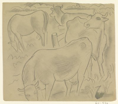 Tres vacas y un caballo en el prado de Leo Gestel