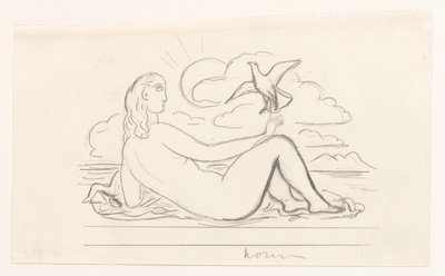 Mujer desnuda en la playa y una gaviota de Leo Gestel