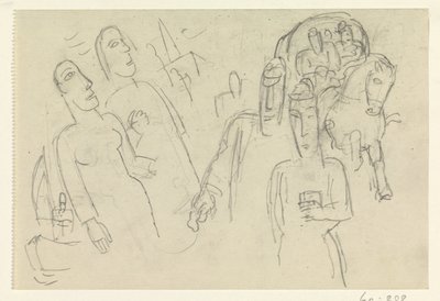 Gente en la calle y un caballo y un carro de Leo Gestel
