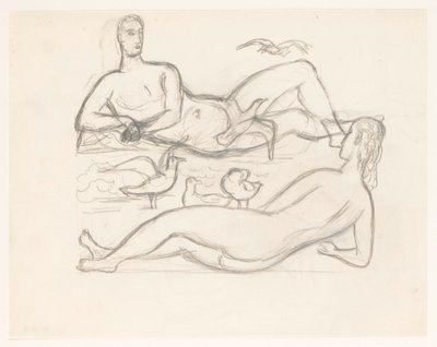 Hombre y mujer desnudos en la costa rodeados de gaviotas de Leo Gestel