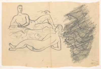 Hombre y mujer desnudos en la playa rodeados de gaviotas de Leo Gestel