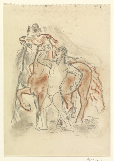 Un hombre desnudo sujeta a dos caballos de Leo Gestel