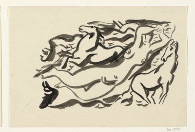 Mujer desnuda y dos caballos en el mar de Leo Gestel