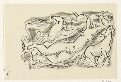 Mujer desnuda y dos caballos en el mar de Leo Gestel
