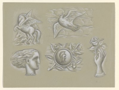 Pegaso, paloma, cabeza de mujer, escudo y mano con rosa de Leo Gestel