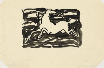 Caballo de salto con la cabeza vuelta hacia atrás en un marco con olas en el fondo.
Caballo sin título de Leo Gestel