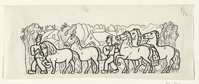 Dos granjeros conducen sus caballos a través de un pueblo de Leo Gestel