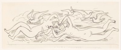 Dos mujeres desnudas nadando y cinco gaviotas de Leo Gestel