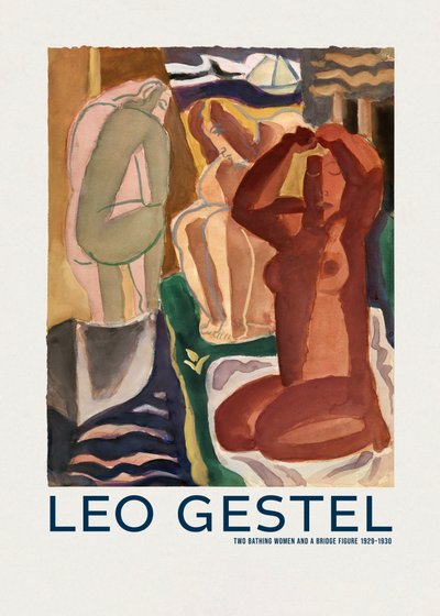 Dos mujeres bañándose y la silueta de un puente de Leo Gestel