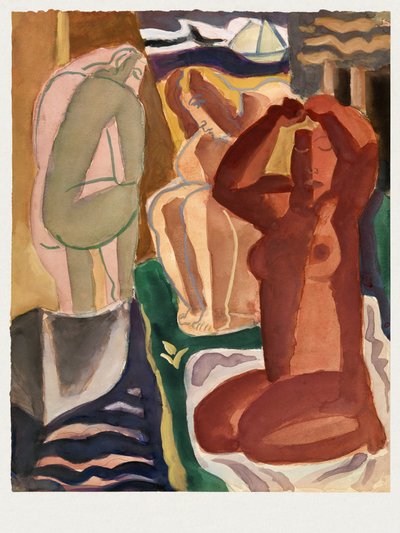 Dos mujeres bañándose y una figura en el puente  - Leo Gestel 60 x 80 cm, con borde blanco de Leo Gestel