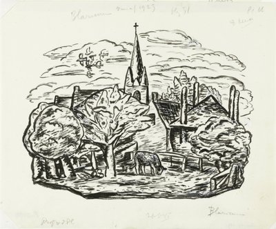 Viñeta para la biografía de Gestel por el Prof. W. van der Pluym
Sin título (Vista del pueblo de Blaricum con una vaca pastando) de Leo Gestel