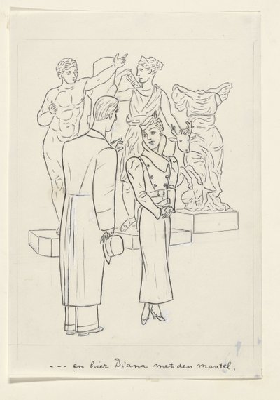 Mujer y hombre delante de tres estatuas de Leo Gestel