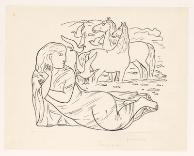 Mujer tumbada en la playa con dos caballos y unas gaviotas de Leo Gestel