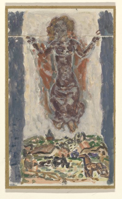 Mujer con los brazos abiertos sobre un paisaje de Leo Gestel